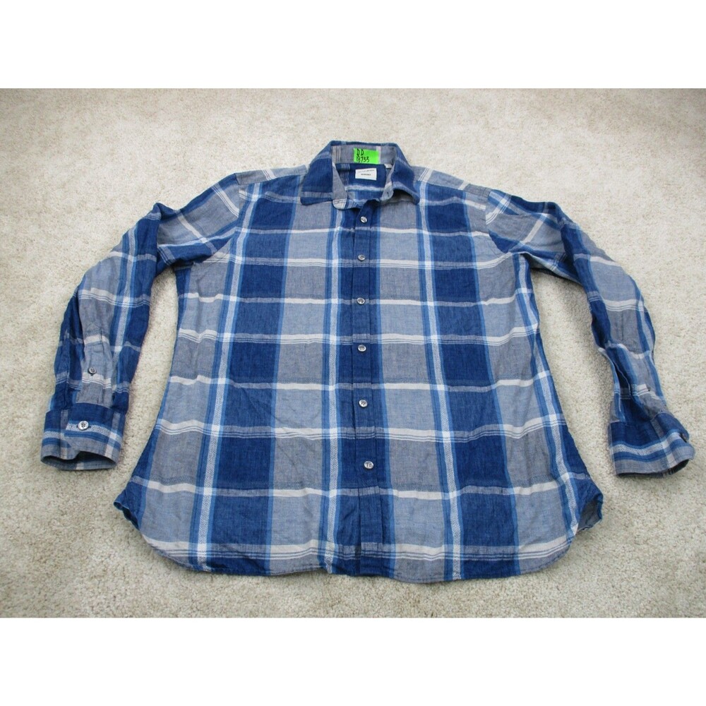 Murano Shirt Men Large L Blue White Plaid Baird McNutt Linen Casual Button Up